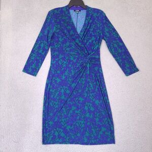 Chaps Faux‎ Wrap Dress Womens Medium Blue Green Floral 3/4 Sleeves